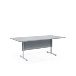 Mesa de escritório retangular cinza com estrutura metálica em fundo neutro.