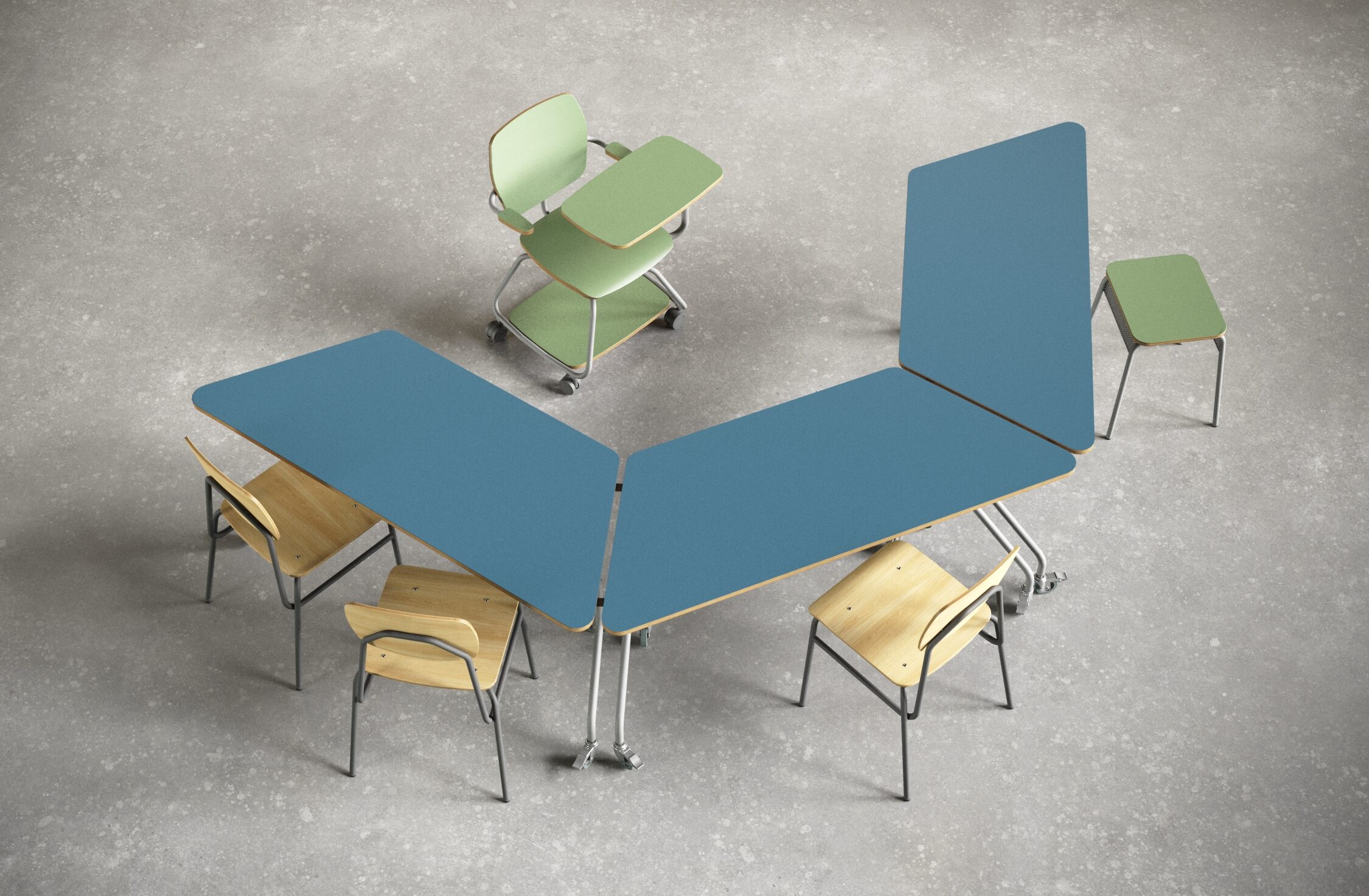 espaço de estudos com mesas trapezoidais unidas, três cadeiras estatísticas, um banco verde à direita e uma cadeira Jataí 