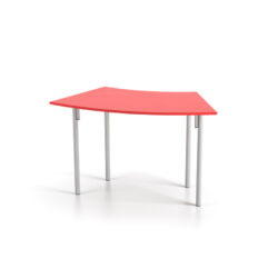 Mesa infantil trapezoidal com tampo vermelho e pés metálicos cinzas sobre fundo branco.