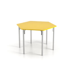 Mesa escolar hexagonal amarela com pernas metálicas cinzas isolada em fundo branco.