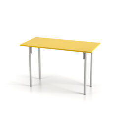 Mesa retangular amarela com pés metálicos cinzas isolada em fundo branco.