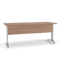 Mesa Reta Unique – Pé Metal com tampo amadeirado e painel frontal.