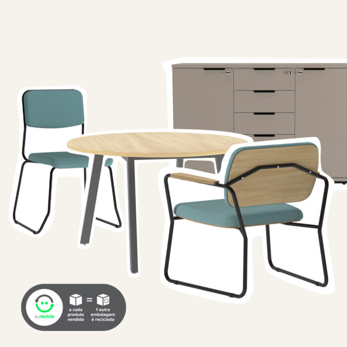 ilustração do tipo colagem com mesa redonda ao centro, e  cadeiras estofadas, com armário ao fundo e selo eureciclo.