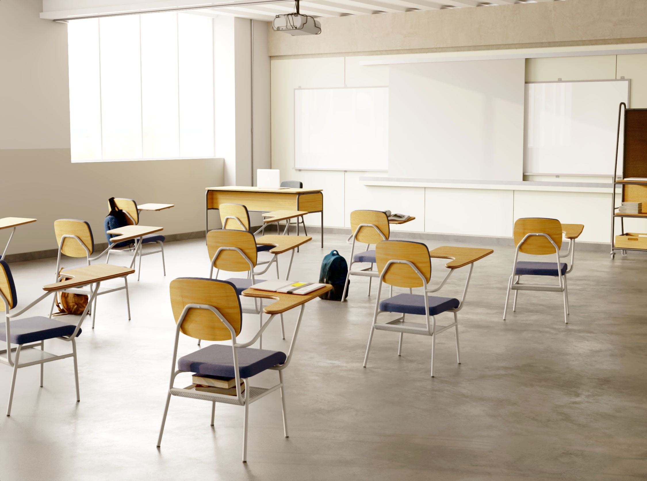 Imagem 3D de uma sala de aula de faculdade com cadeiras com prancheta, projetor fixo no teto e lousa