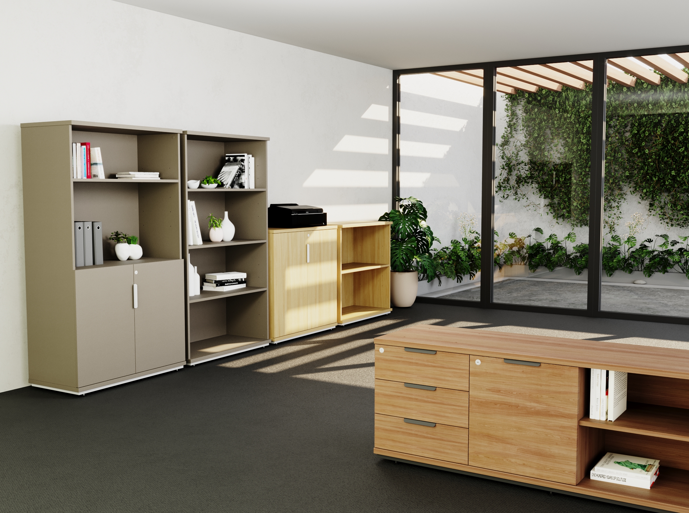 ambiente de trabalho com armários, agregado à um espaço externo com plantas