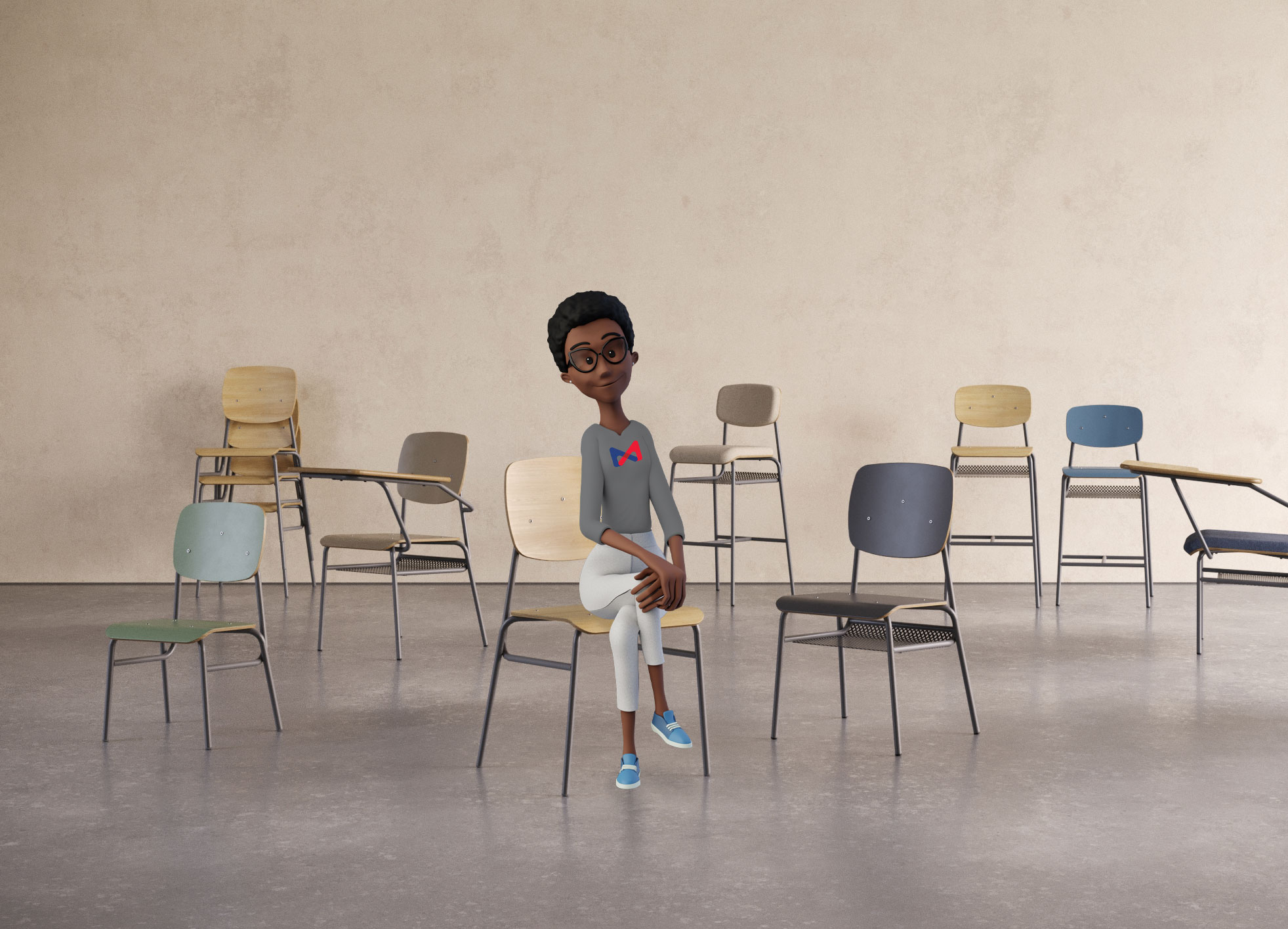 ambiente amplo com cadeiras de diversas cores com personagem sentada de pernas cruzadas
