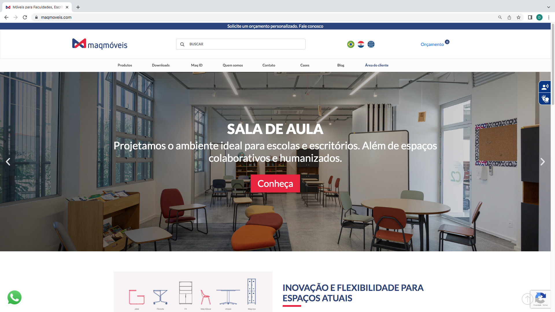 printscreen homepage do site maqmoveis, com textos e imagem no banner de sala de aula