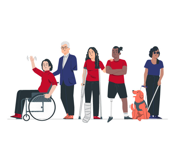 ilustração com pessoas com deficiências diversas
