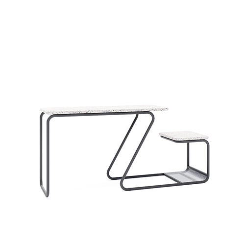 Mesa multifuncional com assento para área externa, com estrutura grafite e tampo e assento em placa ecológica reciclada.