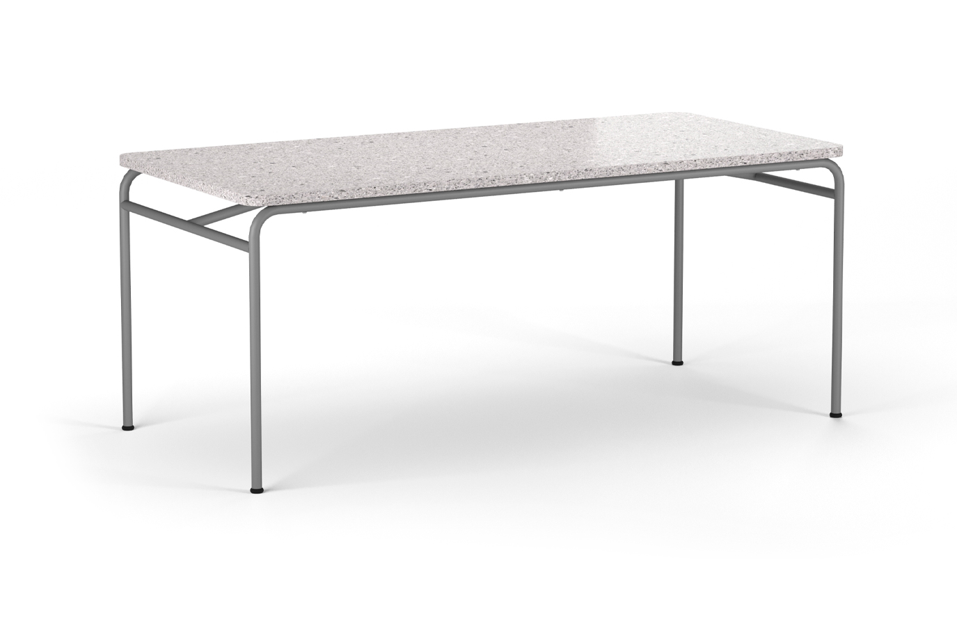 mesa coletiva para área externa, com estrutura grafite e tampo em placa ecológica reciclada.