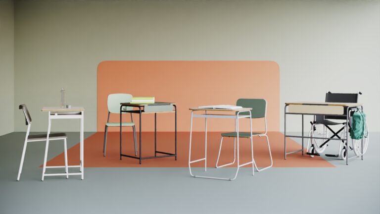 conjuntos de mesas e cadeiras escolares com designs variado em ambientes com cores neutras e pintura destacada ao centro