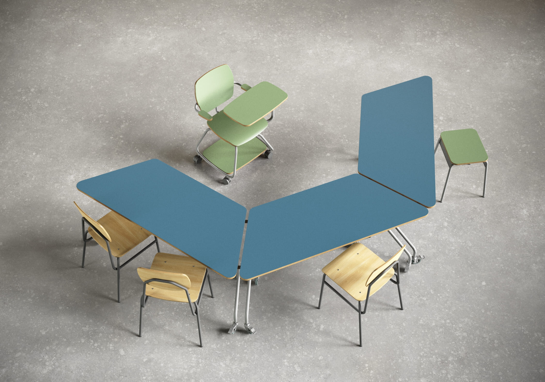 móveis certos para sala de aula, cadeiras rebatíveis Jataí e normais nas cores verde e Amadeirada e mesas Azuis vistas de cima
