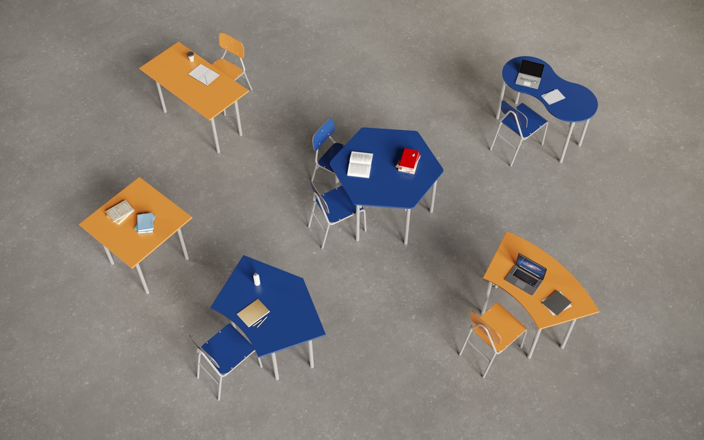 mesas e cadeiras BIB da linha Maq Educar azuis e amarelas vistas de cima 
