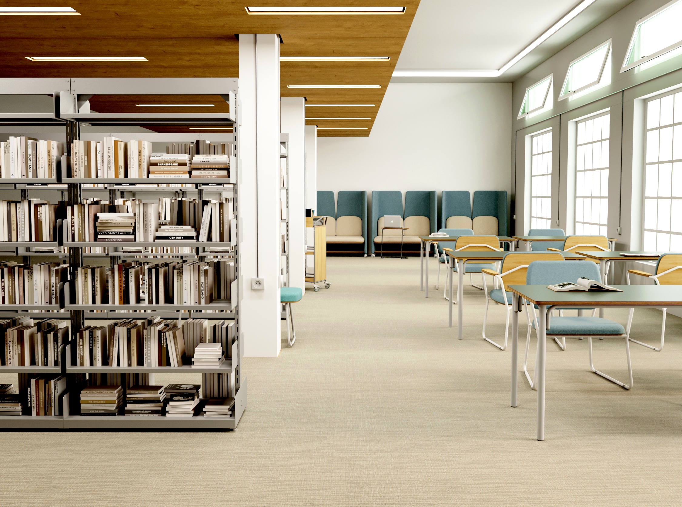 Estantes para biblioteca com livros posicionadas ao lado direto da imagem e mesas e cadeiras ao lado esquerdo.