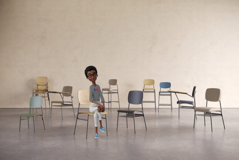 Ilustração de uma mulher negra usando óculos e uma gravata borboleta vermelha, sentada em uma cadeira. O texto serve para a cartilha de libras.