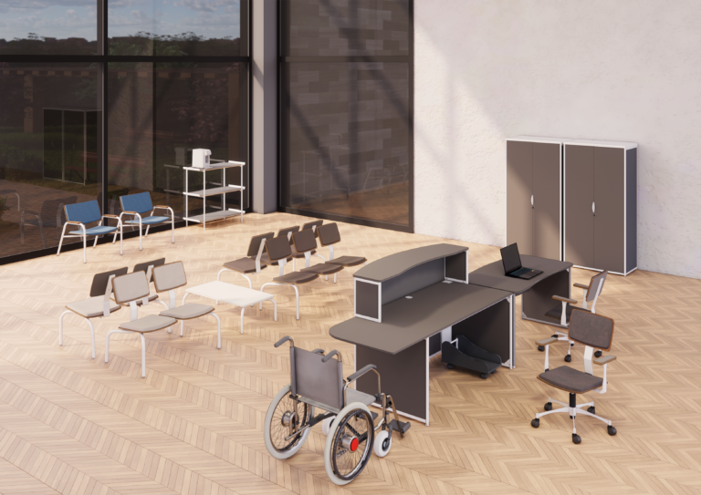 Recepção com diversos móveis para escritórios e consultórios da DNA Maqmóveis, incluindo poltronas, armários, mesas e uma cadeira de rodas.