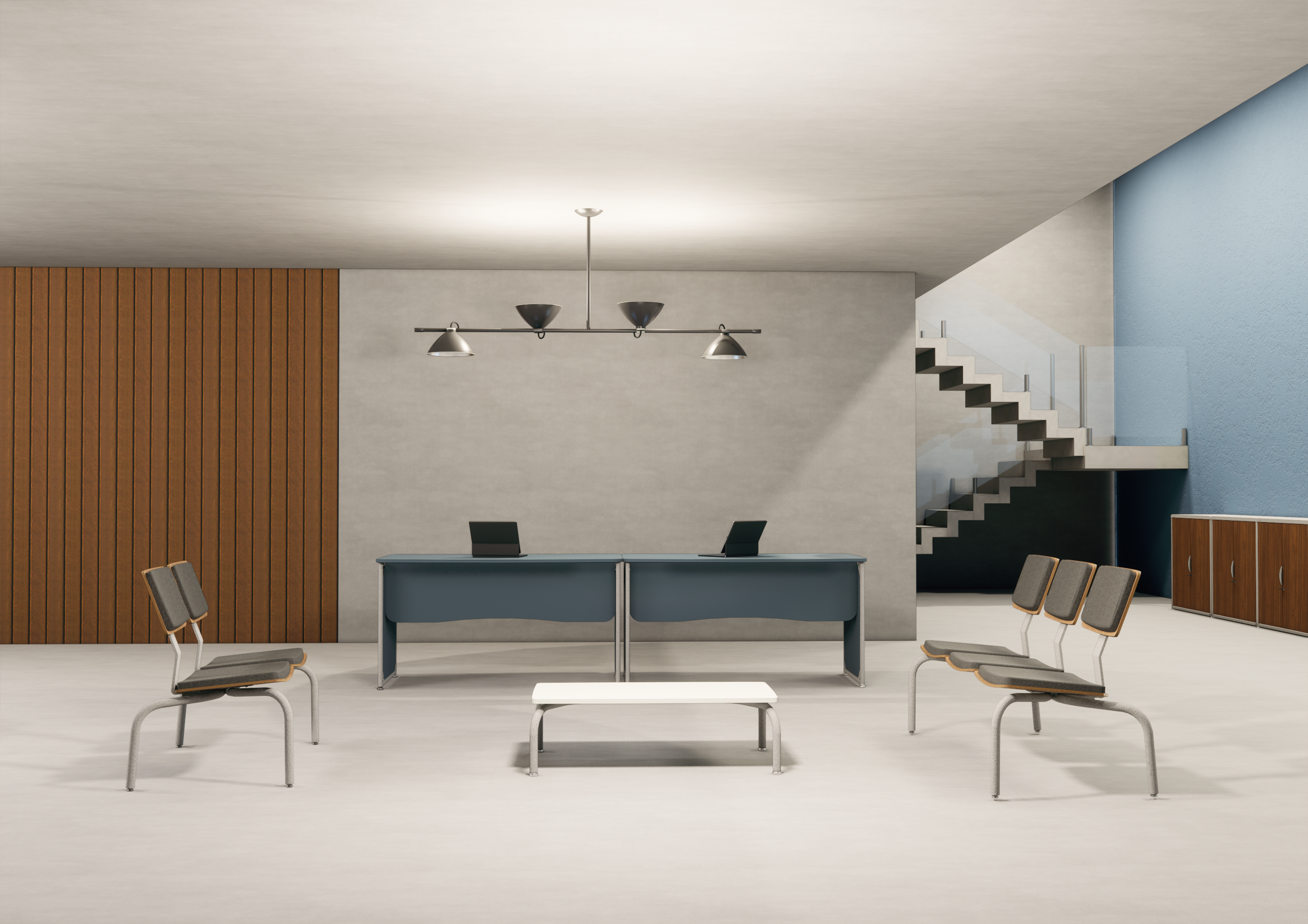 Vista interna de um escritório com mesa de recepção dupla, cadeiras de espera e escada, utilizando móveis da Linha DNA da Maqmóveis.