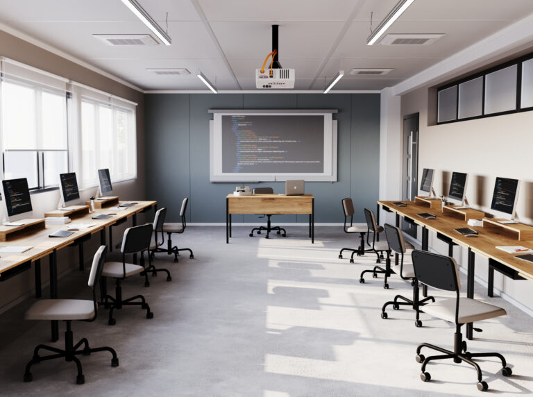 A escrivaninha Friso acomoda duas telas é garante ergonomia para escolas e escritórios de tecnologia