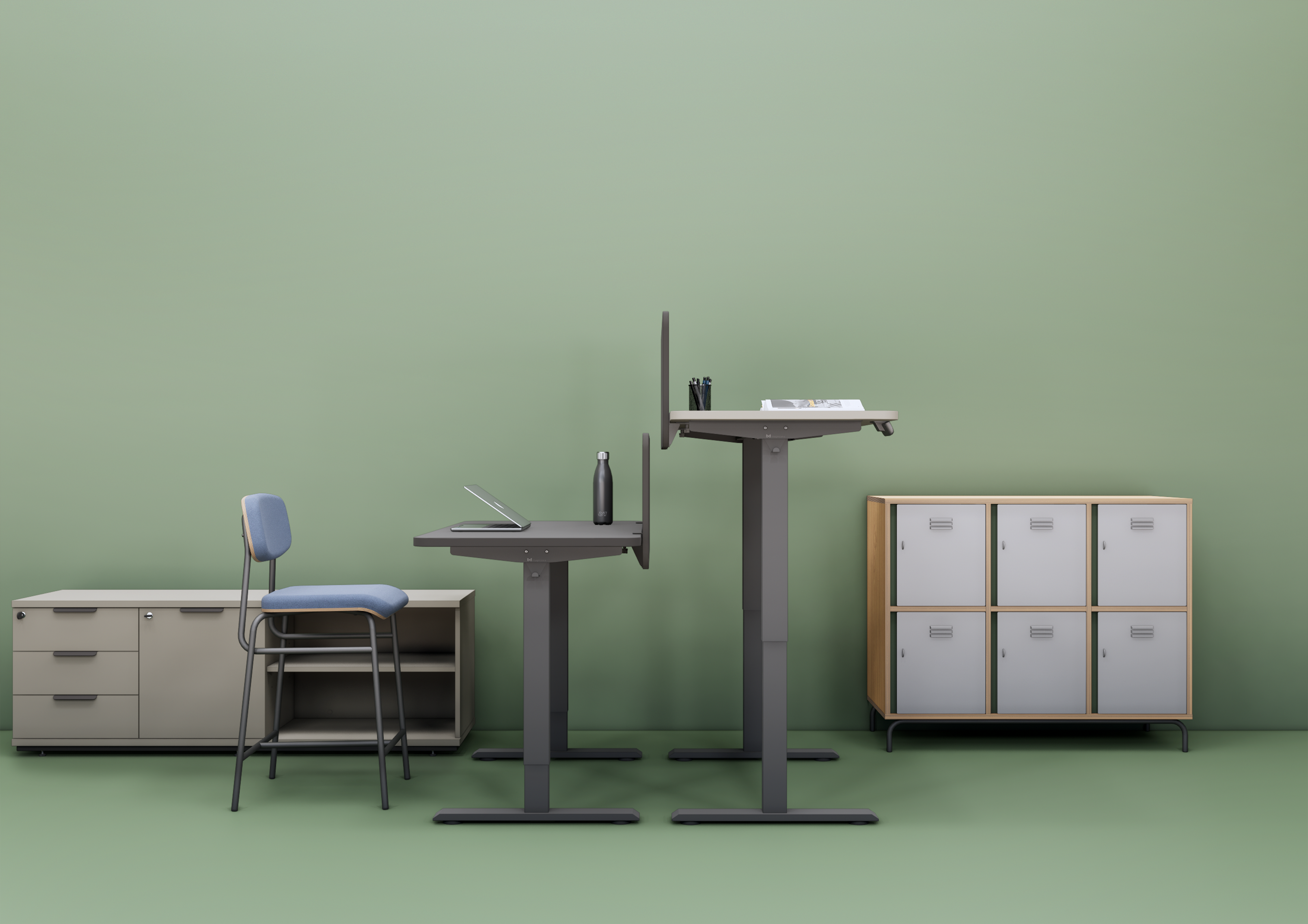 Mesas com regulagem elétrica de altura Flow, da linha Connect