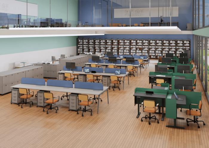 ambiente com móveis para coworking