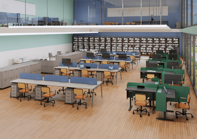ambiente com móveis para coworking
